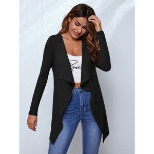 Waffle Knit Waterfall Cardigan soft knit sweater black